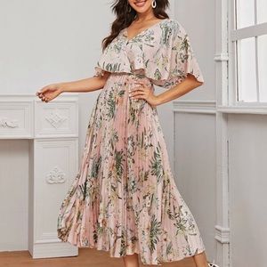 Botanical Cutout Back Pleated Satin Cape Dress